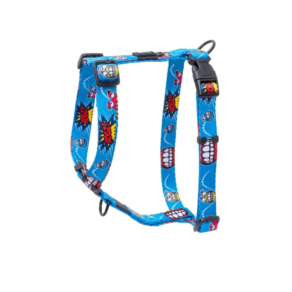 Colorful pet harness with playful comic-style graphics for dogs.