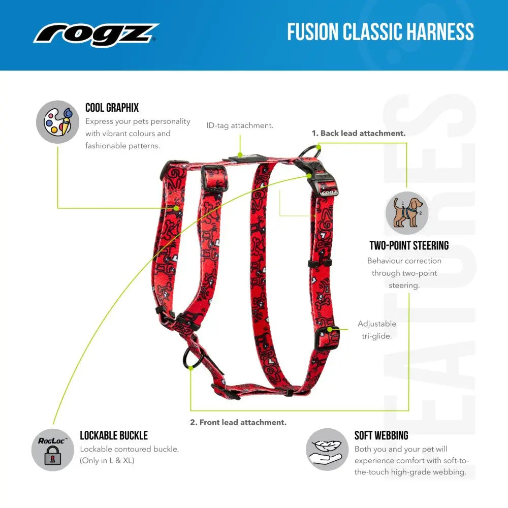 Rogz Fusion Classic Harness features vibrant graphics, adjustable fit, and two-point steering for optimal control.