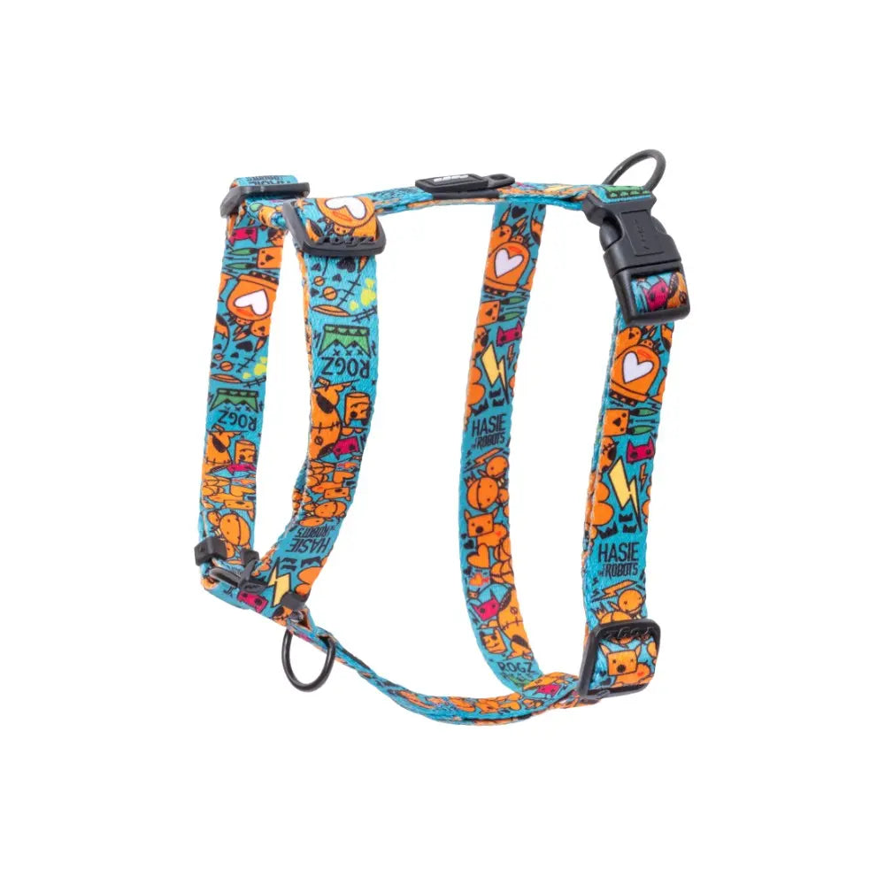Colorful pet harness with playful designs, perfect for stylish dog walks and comfort.