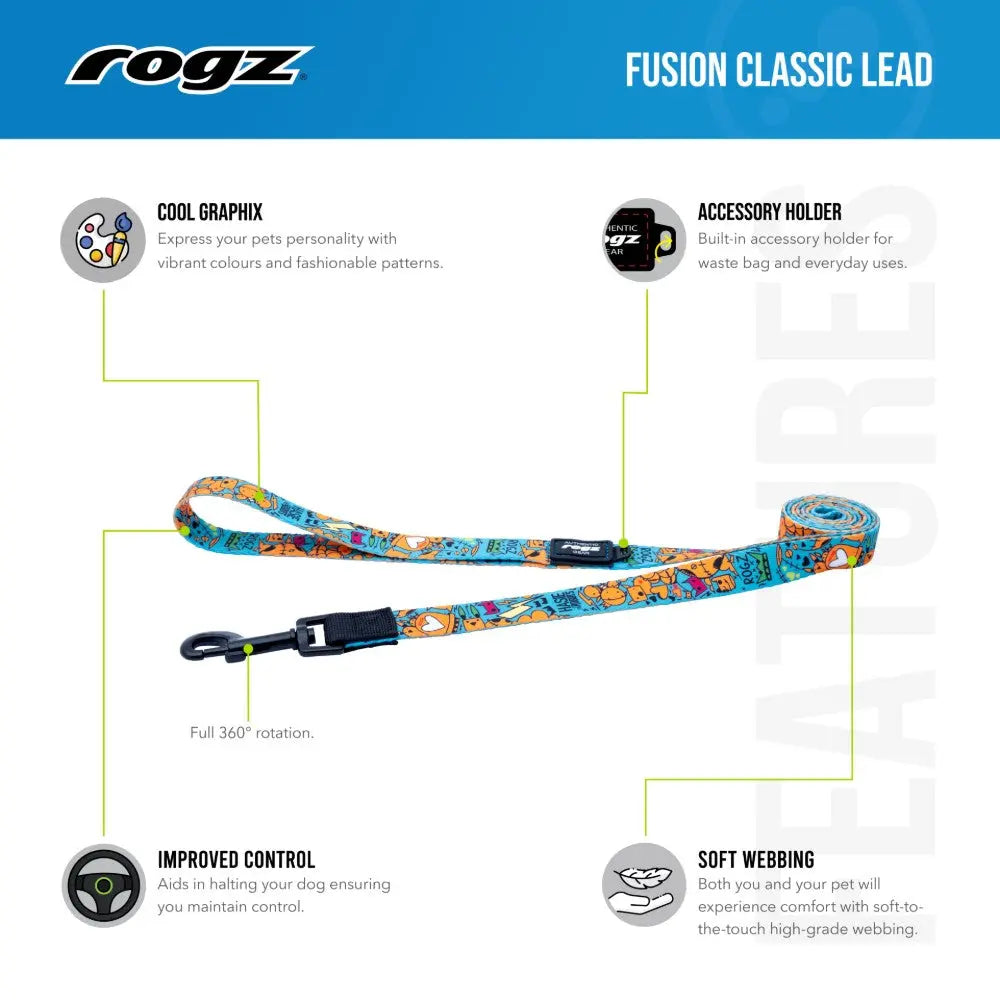 Colorful Rogz Fusion Classic Lead with accessory holder and soft webbing for improved pet control.
