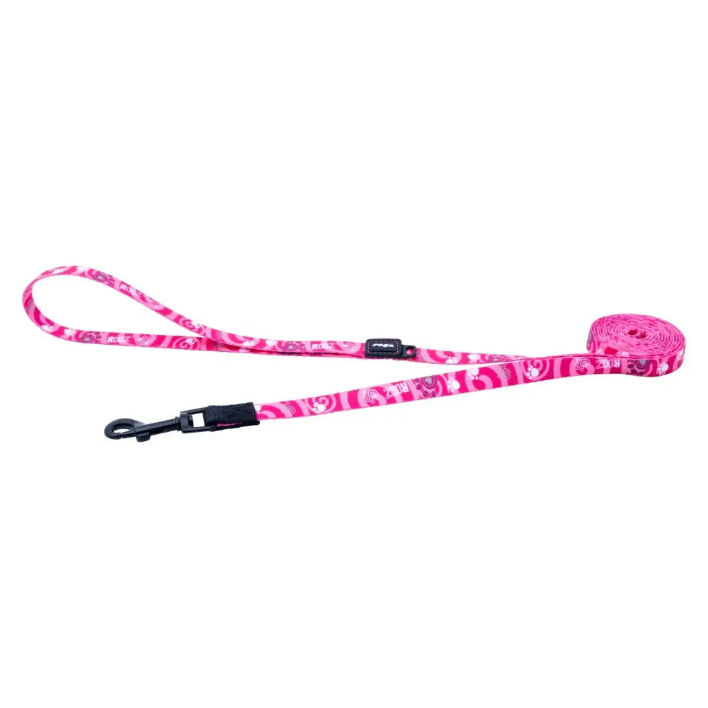 Pink patterned dog leash with a sturdy clip for secure pet walking.