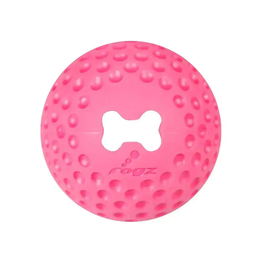 Pink dog toy ball with textured surface for enhanced grip and playtime fun.