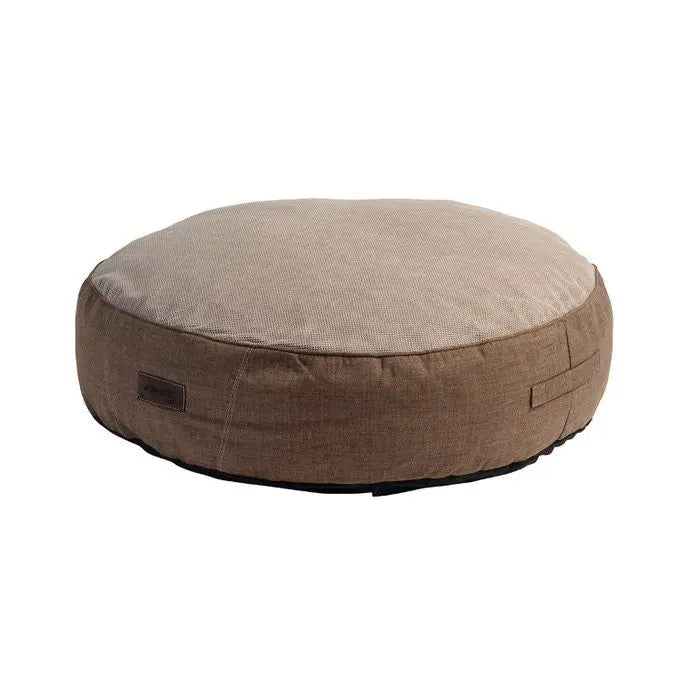 Cozy round pet bed in neutral tones, perfect for comfortable lounging and relaxation.