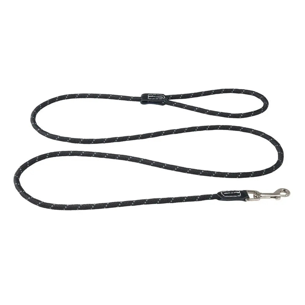 Durable black dog leash with reflective stitching for safe nighttime walks.