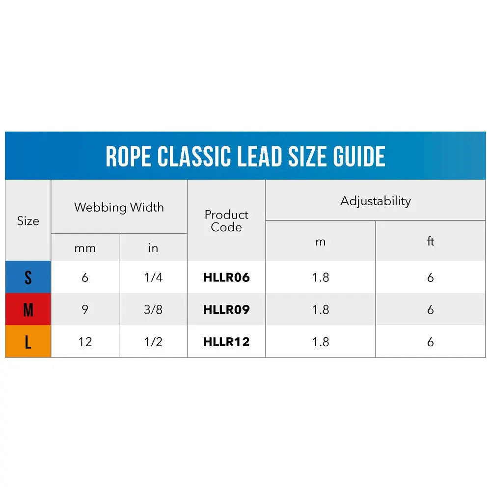 Rope classic lead size guide with webbing width, product codes, and adjustability details.