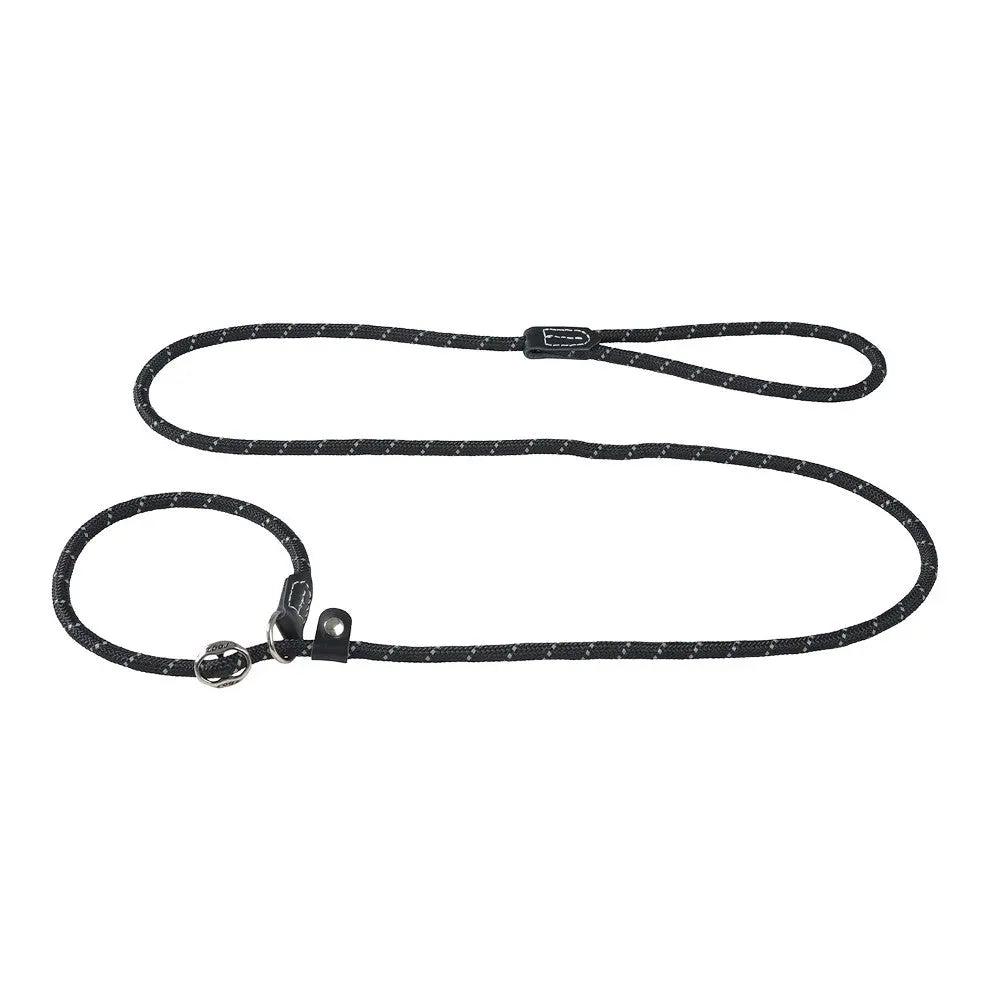 Durable black dog leash with reflective stitching for safe nighttime walks.