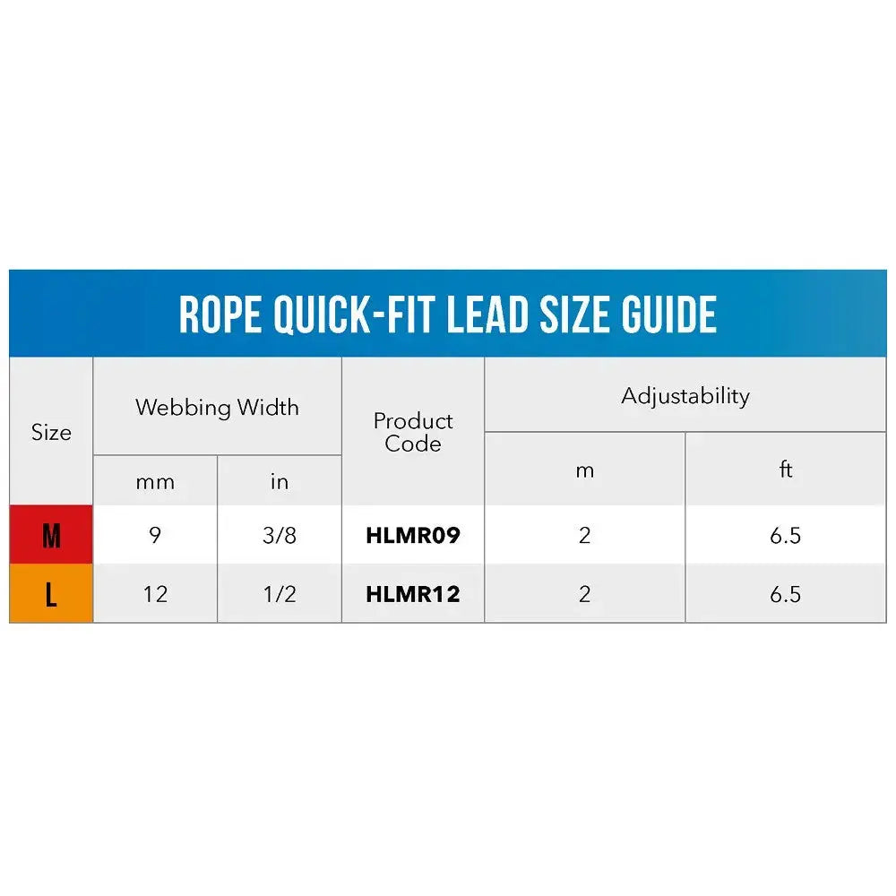 Rope quick-fit lead size guide with webbing width, product codes, and adjustability details.
