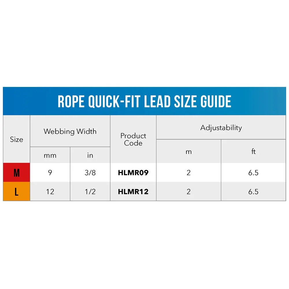 Rope quick-fit lead size guide with webbing width, product codes, and adjustability details.