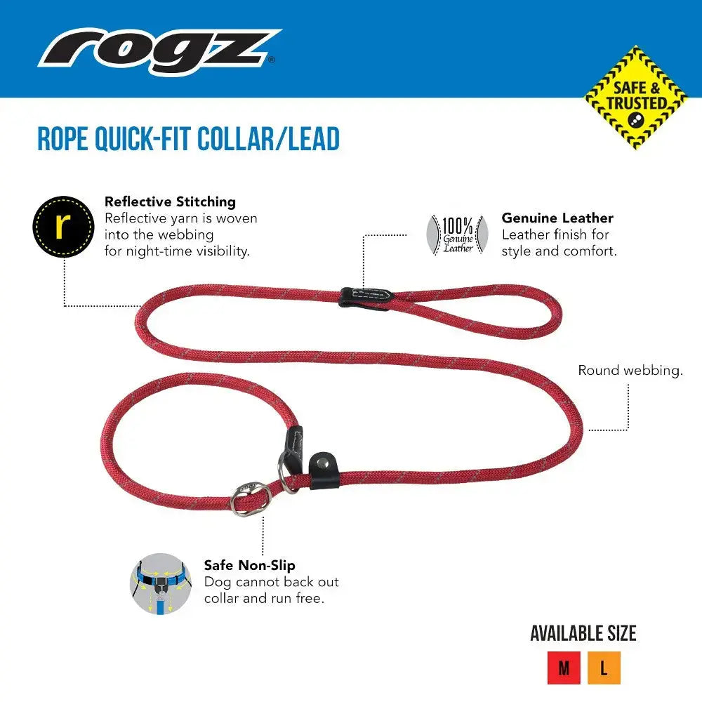 Rogz rope quick-fit collar and lead with reflective stitching for night visibility and genuine leather finish.