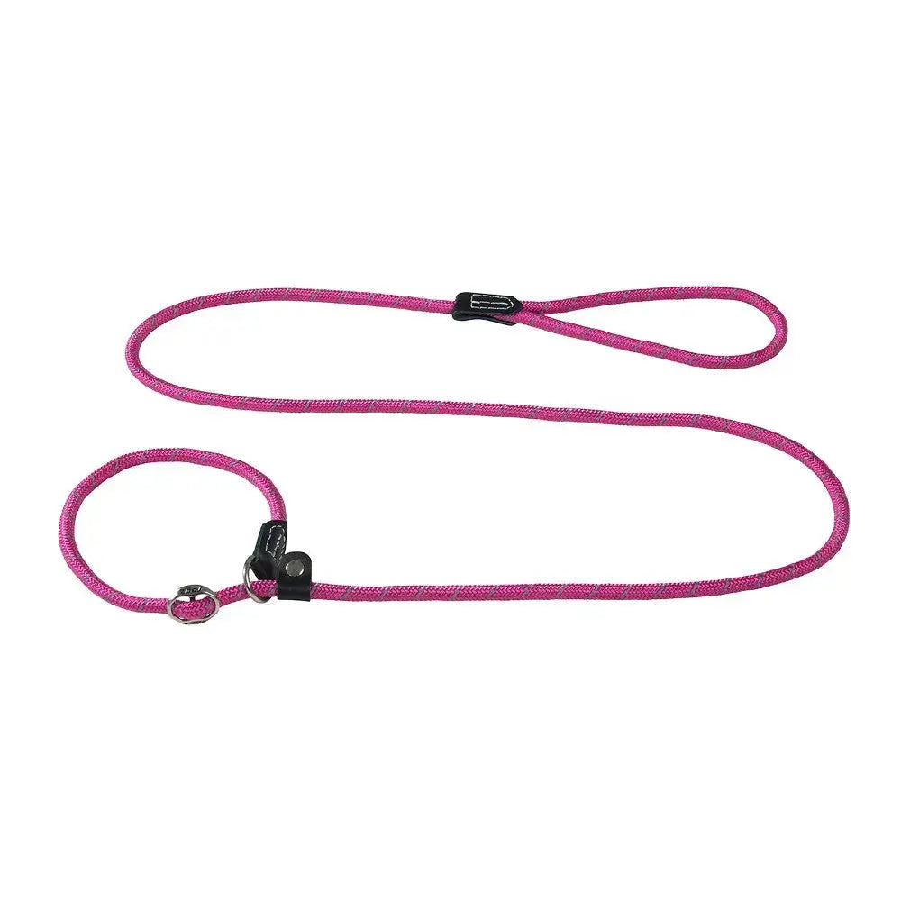 Pink dog leash made of durable rope, featuring a secure loop and clip for easy handling.