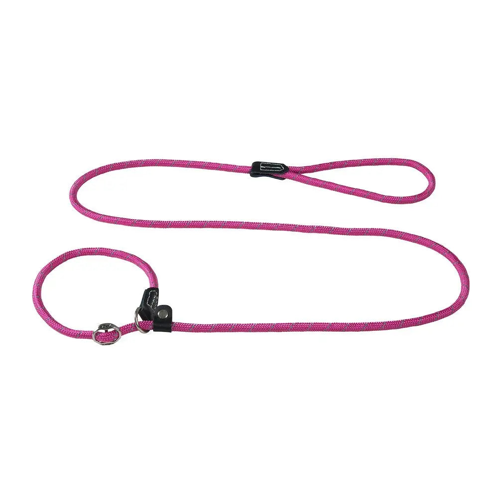 Pink dog leash made of durable rope, featuring a secure loop and clip for easy handling.