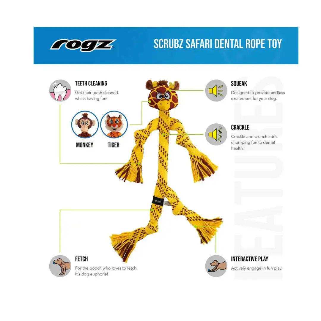 Rogz Scrubz Safari Dental Rope Toy - New   | Canine & Co