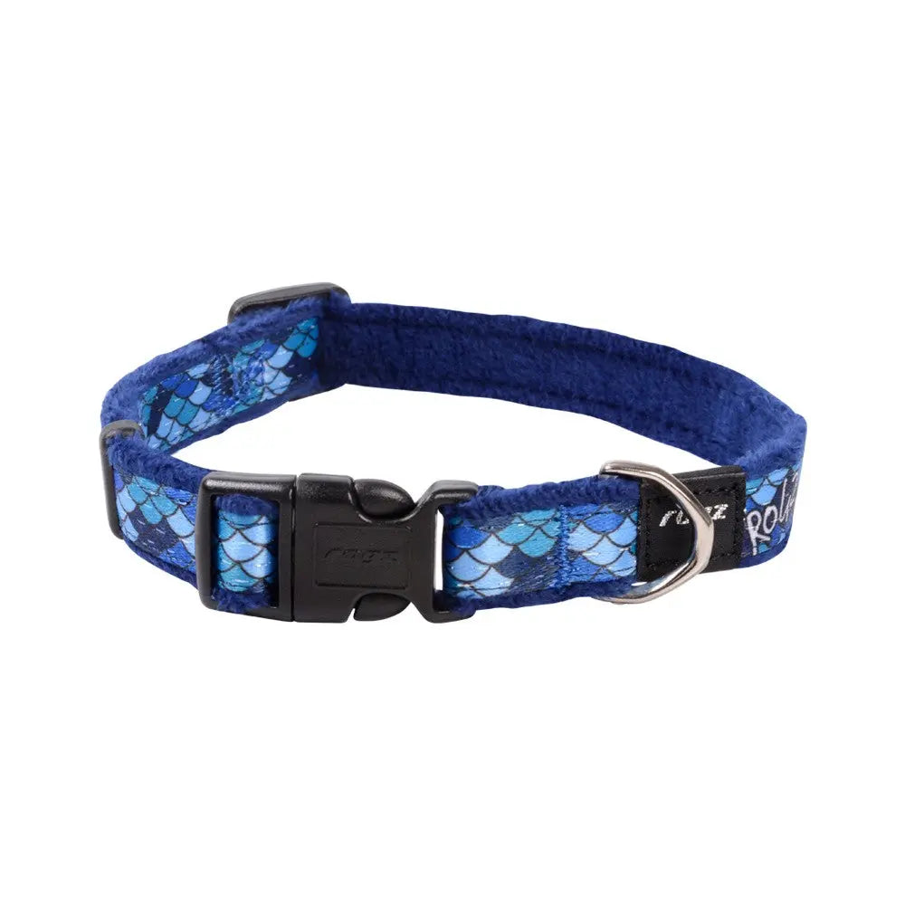 Blue pet collar with a fish scale design and adjustable buckle for comfort and style.