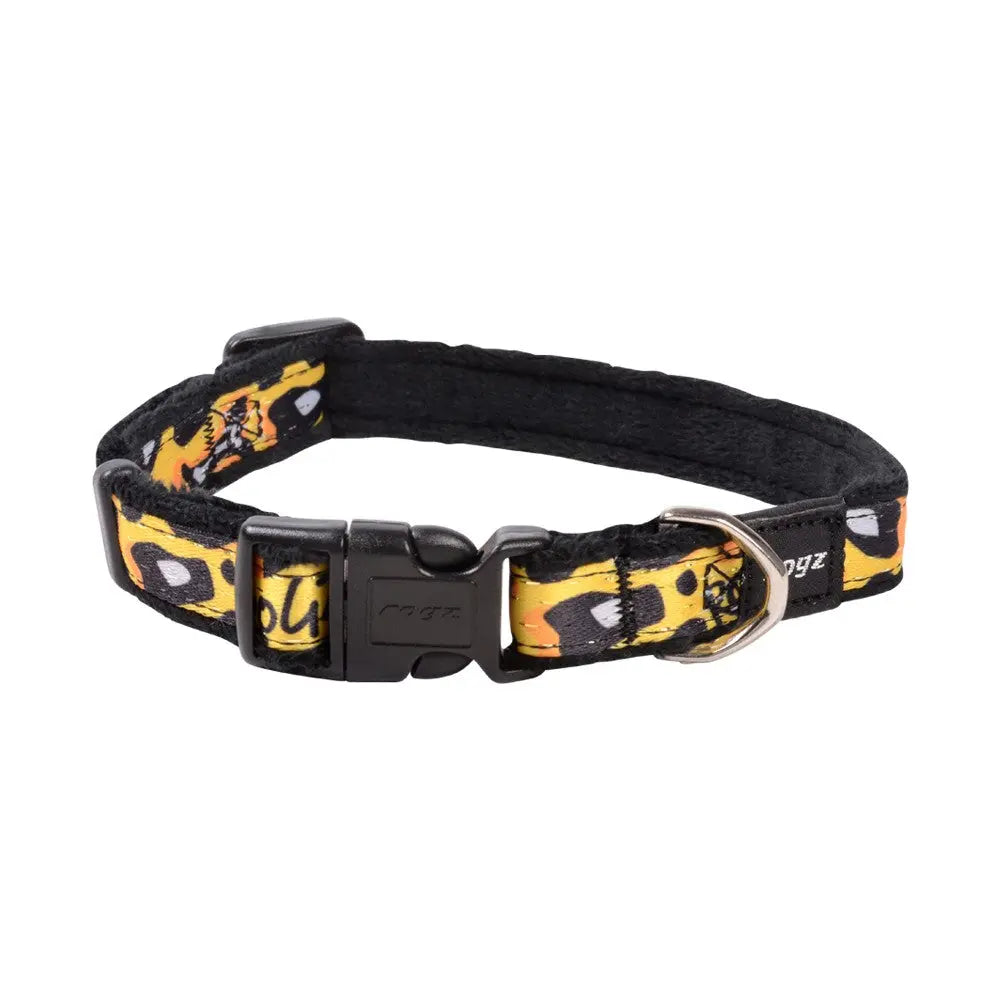 Colorful leopard print dog collar with adjustable buckle and metal D-ring for leash attachment.