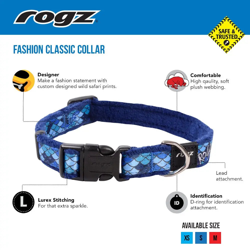 Rogz Fashion Classic Collar in blue with unique safari print, featuring a D-ring for easy leash attachment.