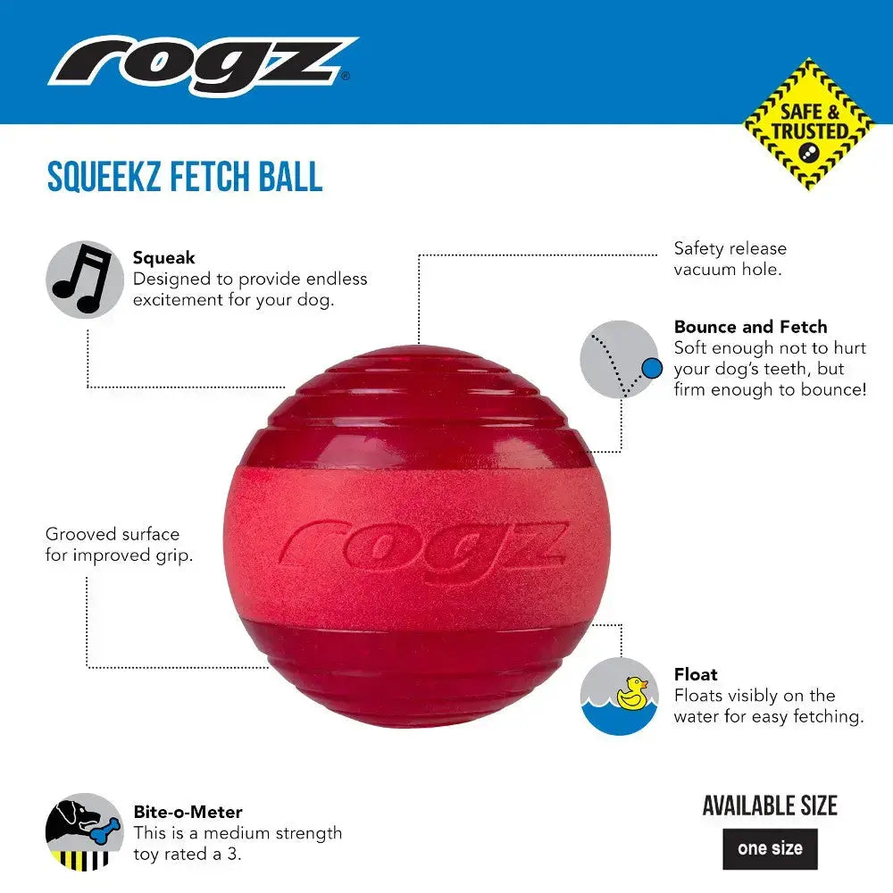 Rogz Squeekz Fetch Ball for dogs, featuring a squeaker, grip surface, and buoyant design for fun playtime.