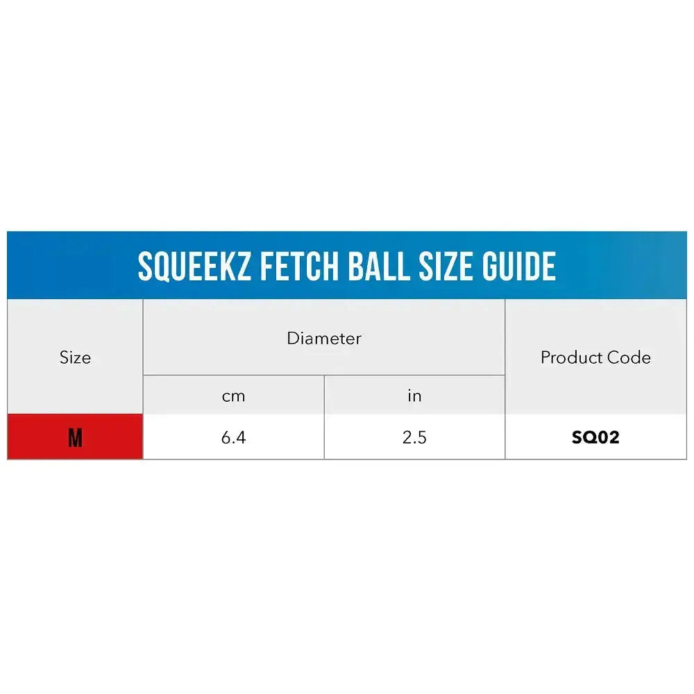 Squeekz fetch ball size guide with dimensions in cm and inches for optimal pet play.