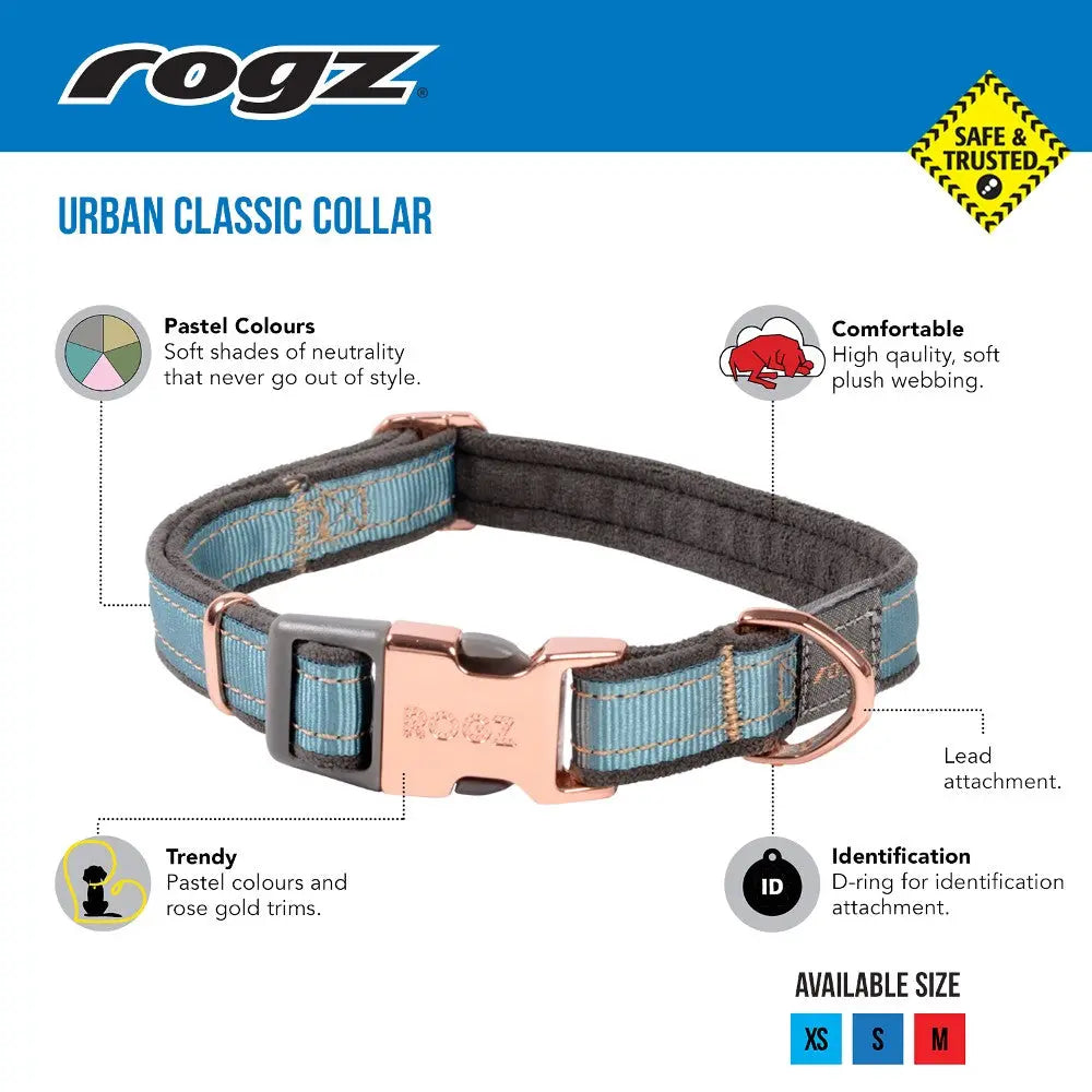 Rogz Urban Classic Collar in pastel colors, featuring a soft webbing and D-ring for ID attachment.