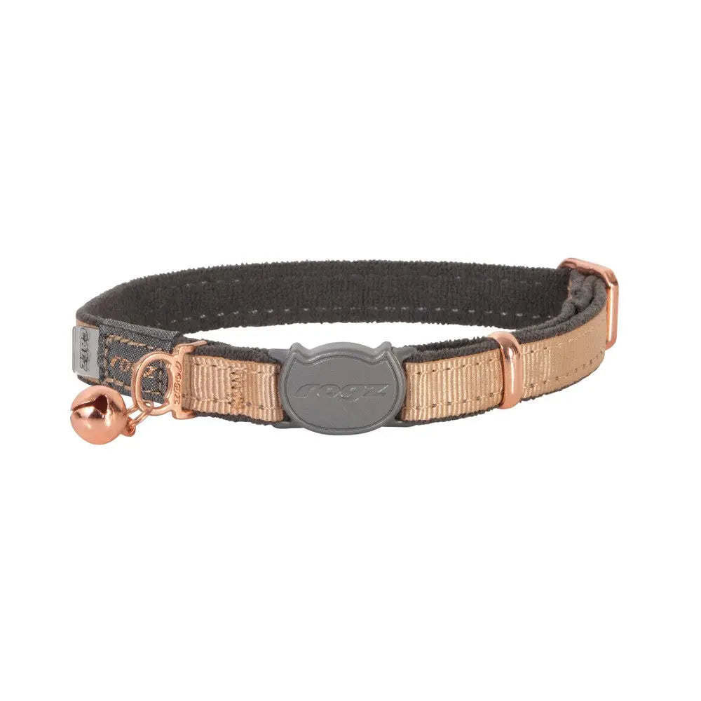 Cat collar with bell, adjustable design, stylish beige and gray color, perfect for pet safety and identification.