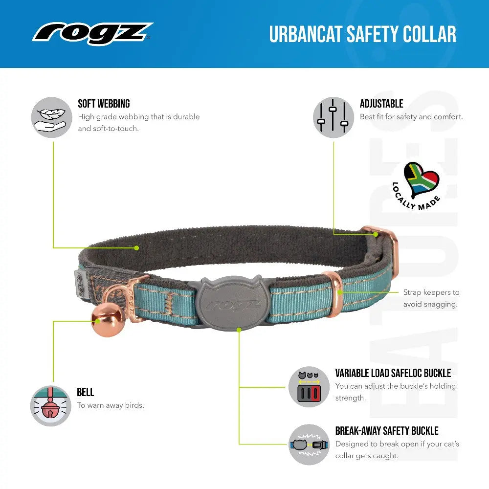 Rogz Urbancat safety collar with adjustable design, soft webbing, and break-away buckle for cat safety.