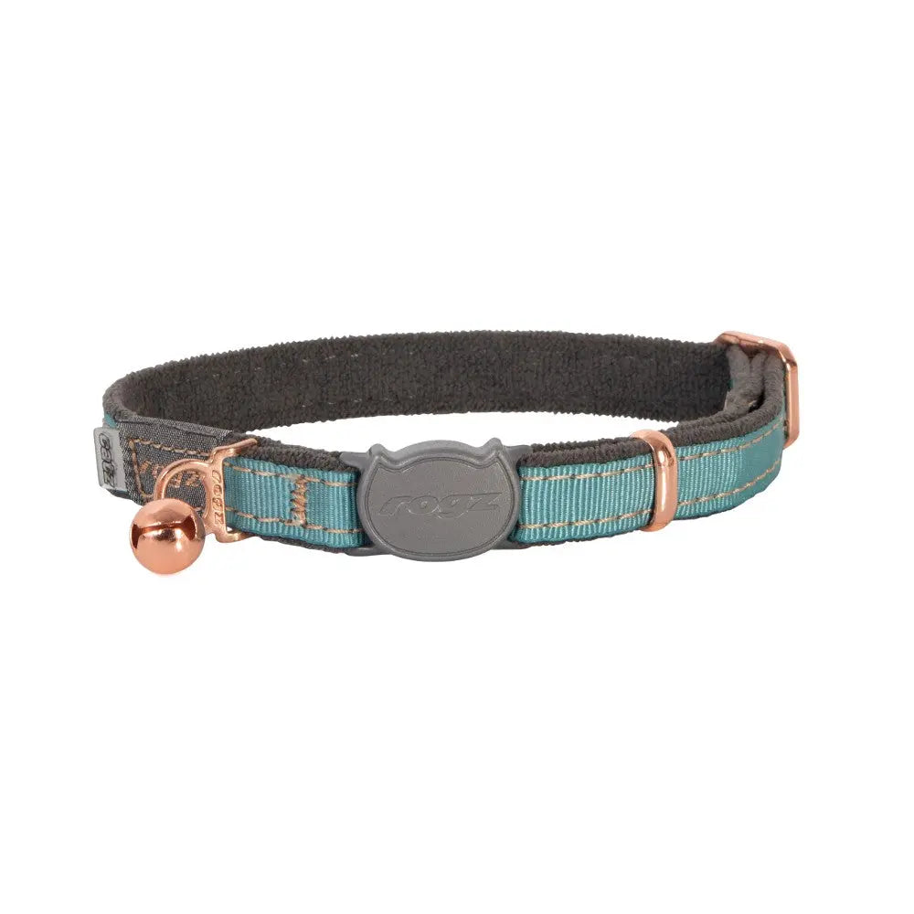 Cat collar with adjustable design, bell, and stylish teal and gray pattern for pet safety and fashion.
