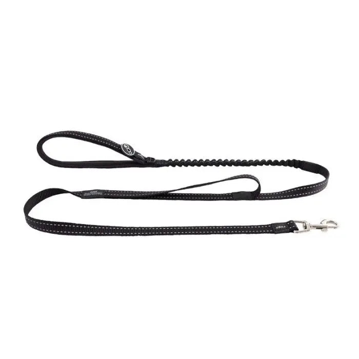 Durable black dog leash with a bungee design for comfortable walking and control.