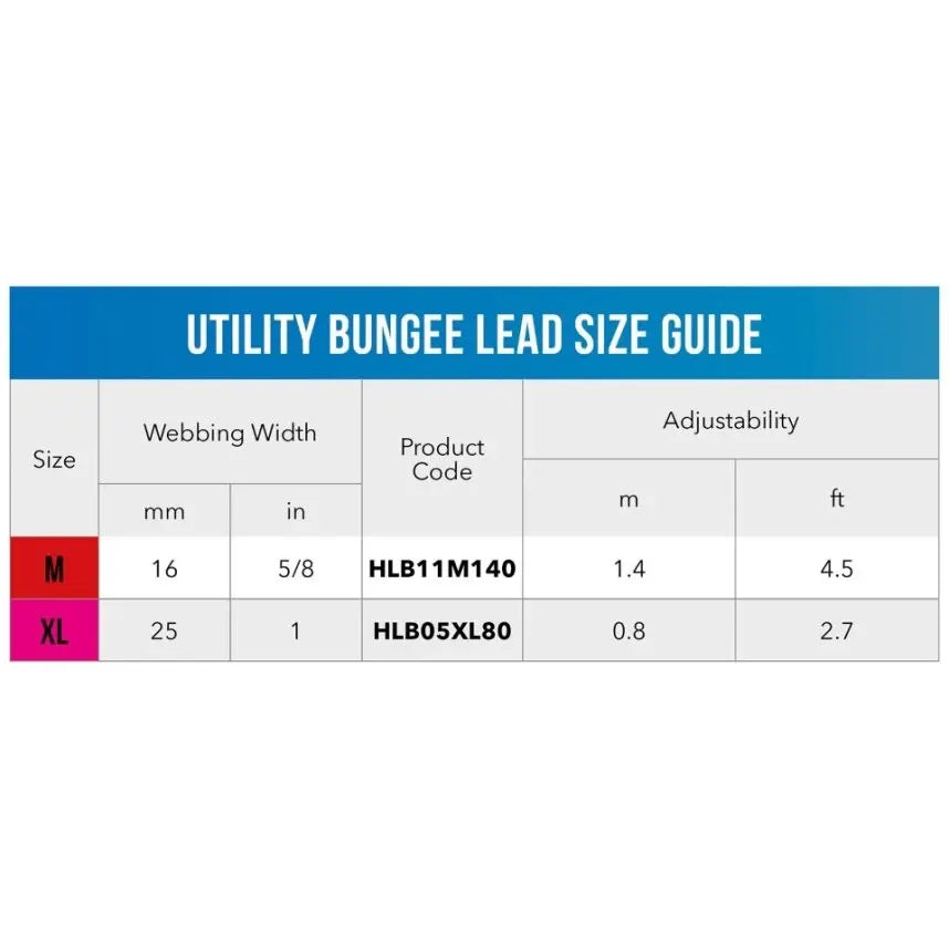 Utility bungee lead size guide with webbing width, product codes, and adjustability details.