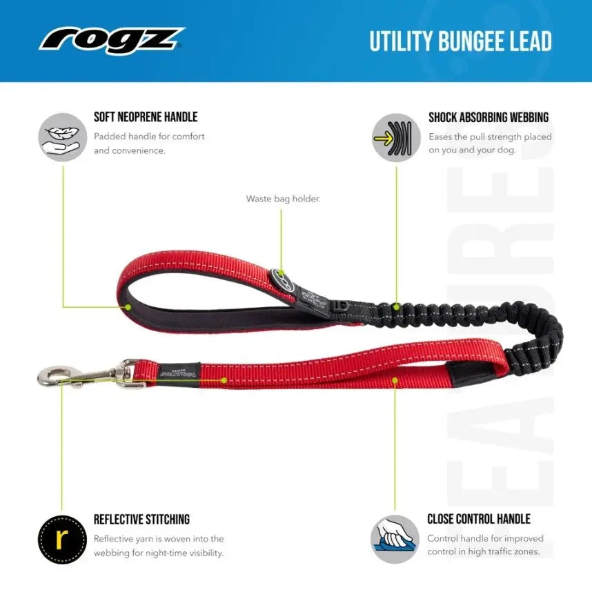 Rogz utility bungee lead with soft handle, shock-absorbing webbing, and reflective stitching for dog safety.
