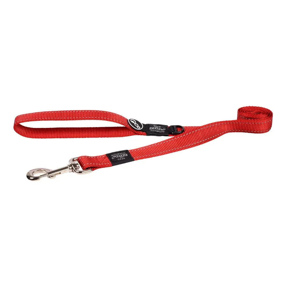 Red dog leash with durable clip and comfortable grip for safe walks.