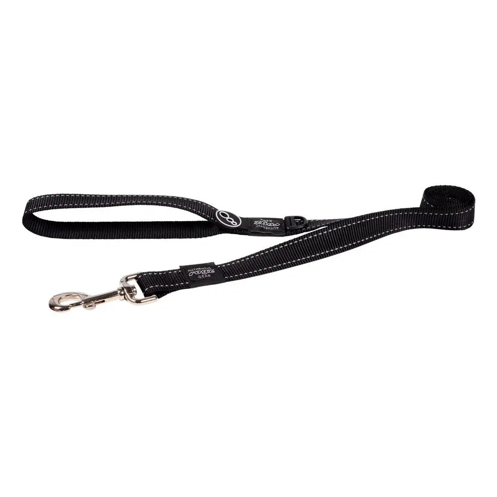 Durable black dog leash with reflective stitching for enhanced visibility during walks.