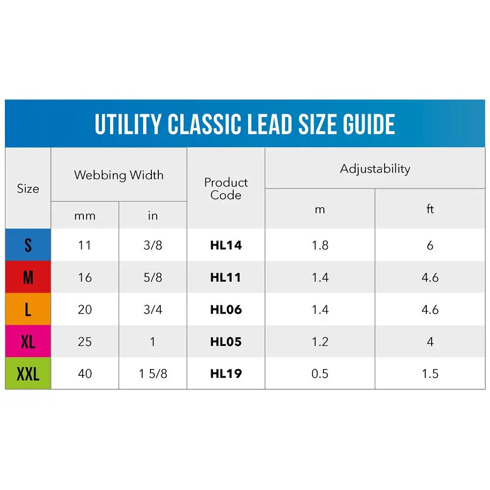 Utility classic lead size guide with webbing width, product codes, and adjustability details for various sizes.