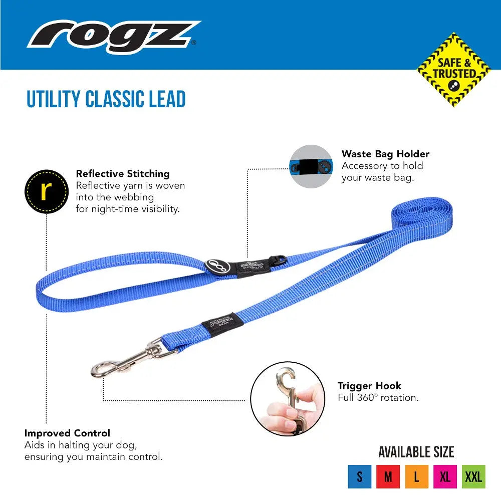 Blue dog leash with reflective stitching, waste bag holder, and 360° trigger hook for improved control.