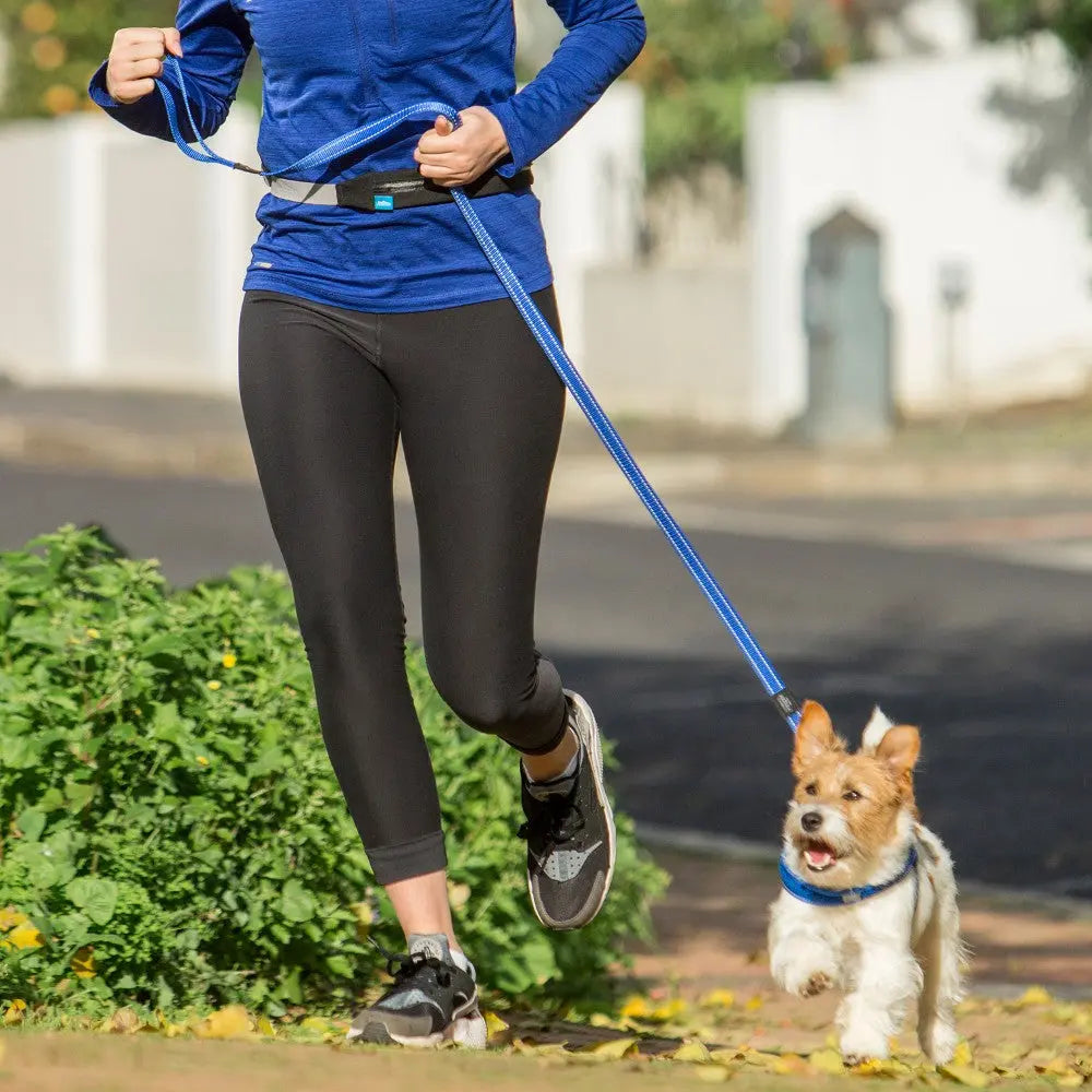 Woman jogging with a small dog on a leash in a sunny outdoor setting.