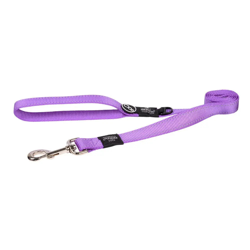 Purple dog leash with durable clip and comfortable handle for easy walking.