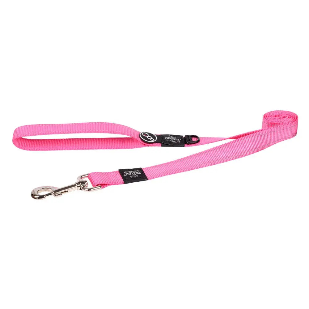 Pink dog leash with durable clip and comfortable grip for walking pets.