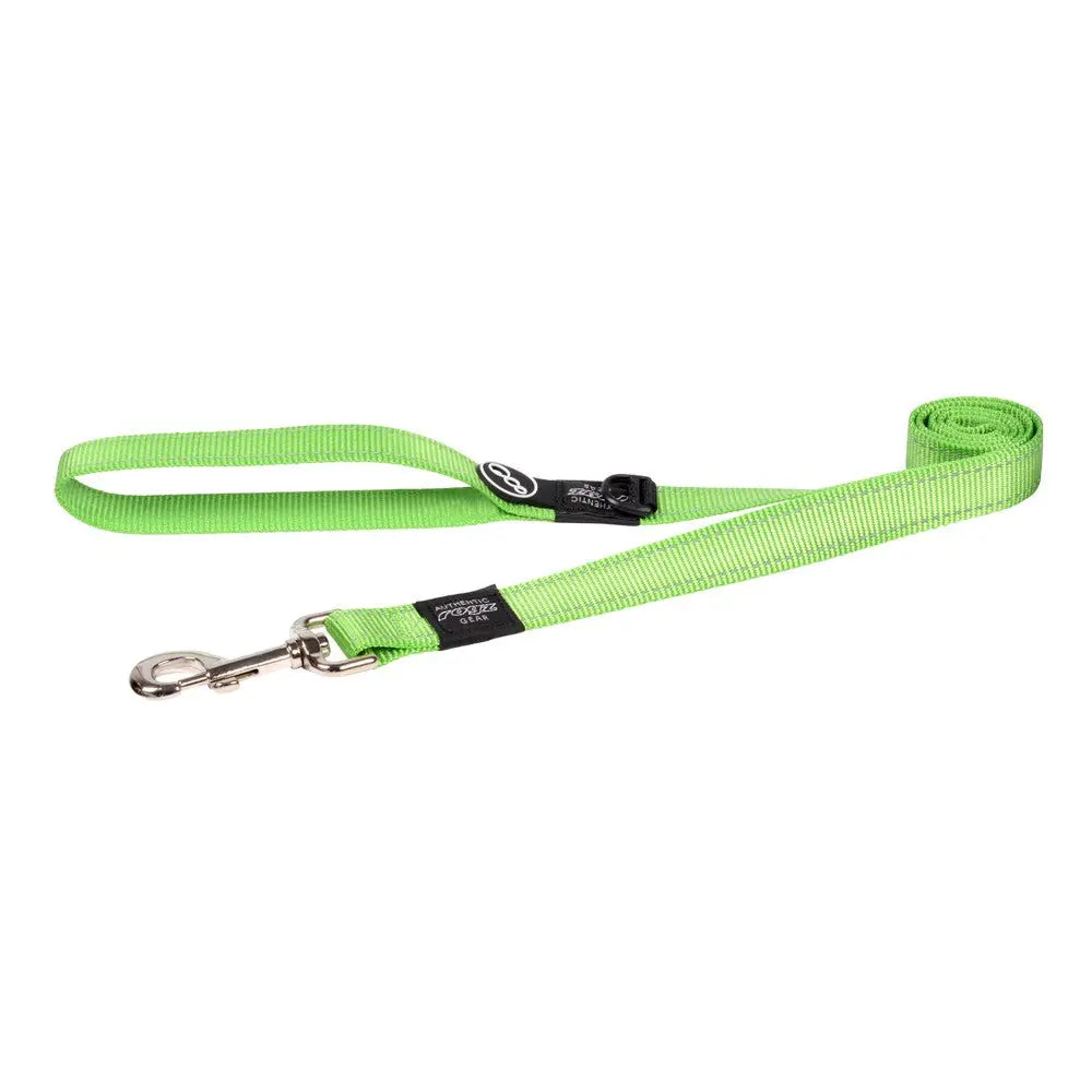 Bright green dog leash with durable clip for secure walks and outdoor adventures.