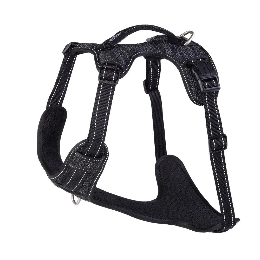 Durable black dog harness with adjustable straps and padded support for comfort and safety.