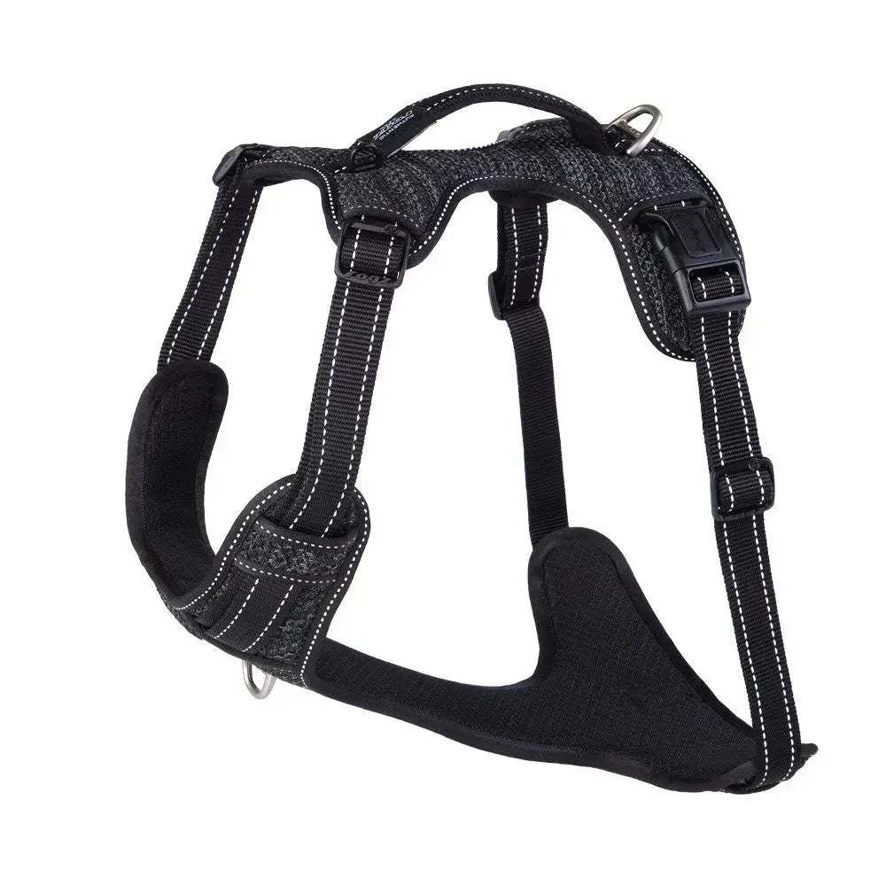 Durable black dog harness with adjustable straps and padded support for comfort and safety.