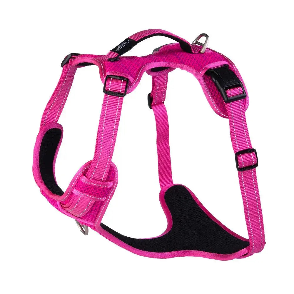 Pink dog harness with adjustable straps and padded design for comfort and safety.