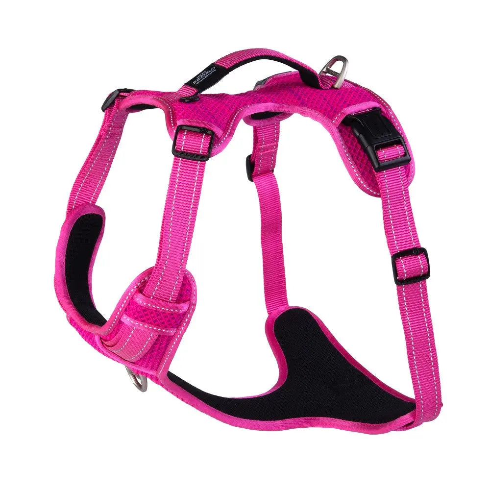 Pink dog harness with adjustable straps and padded design for comfort and safety.