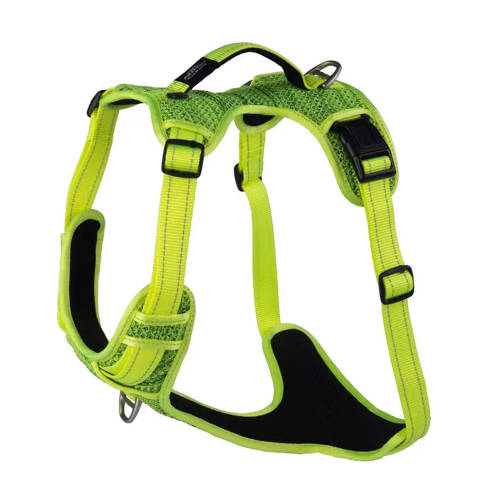 Bright green dog harness with adjustable straps and padded support for comfort and safety.