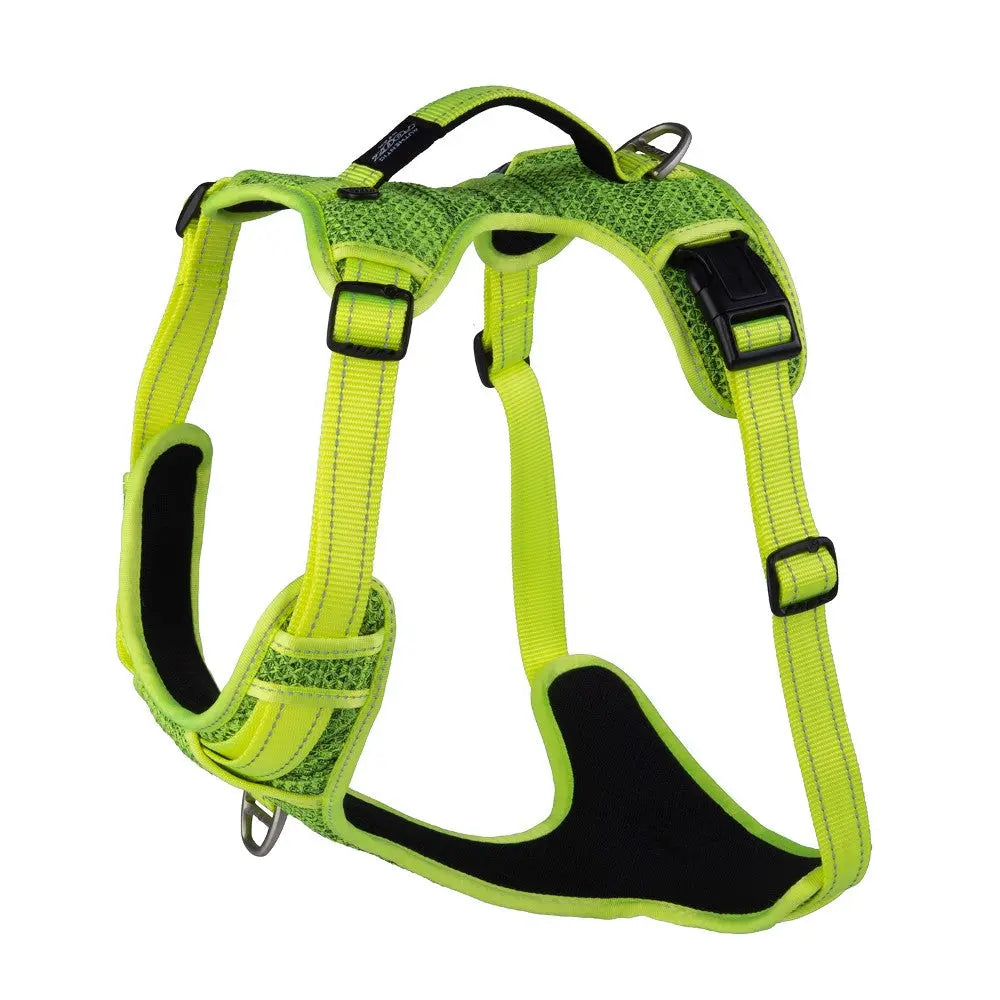 Bright green dog harness with adjustable straps and padded support for comfort and safety.