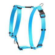 Blue adjustable dog harness with durable straps and secure clips for comfortable pet walking.