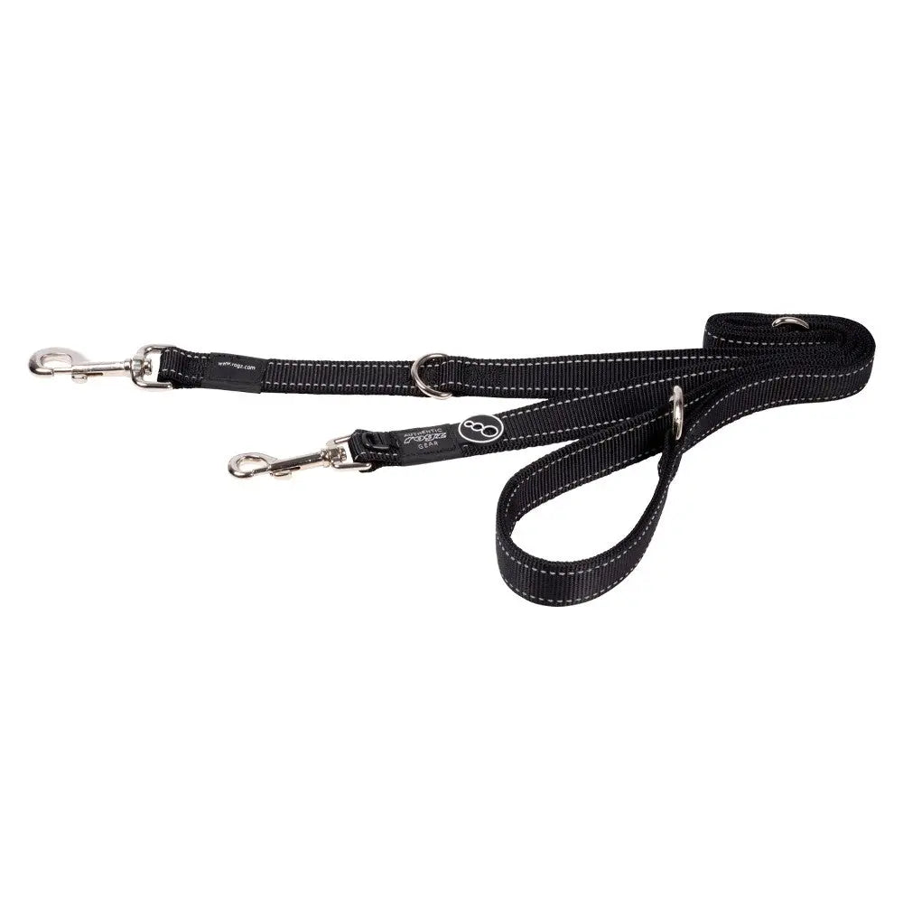 Durable black dog leash with reflective stitching and dual clips for secure attachment.