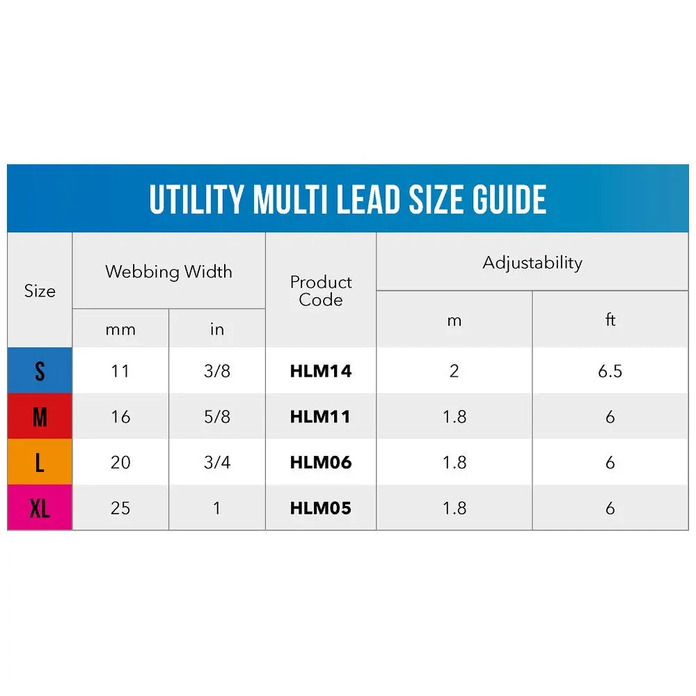 Utility multi lead size guide with webbing widths and product codes for S, M, L, and XL sizes.