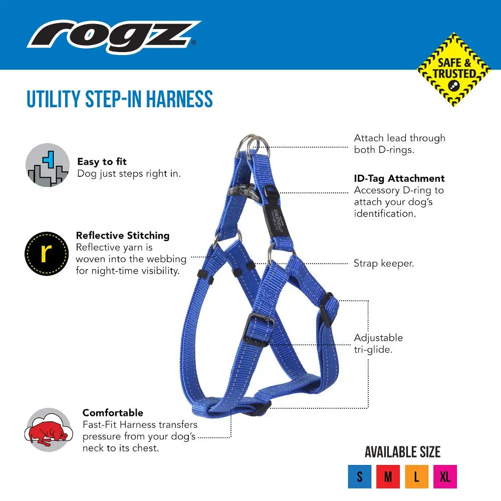 Blue utility step-in harness with reflective stitching and adjustable tri-glide for comfort and safety.