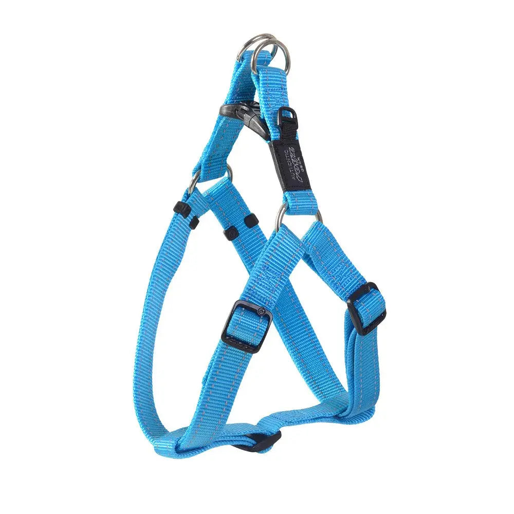 Blue dog harness with adjustable straps and metal D-ring for secure leash attachment.