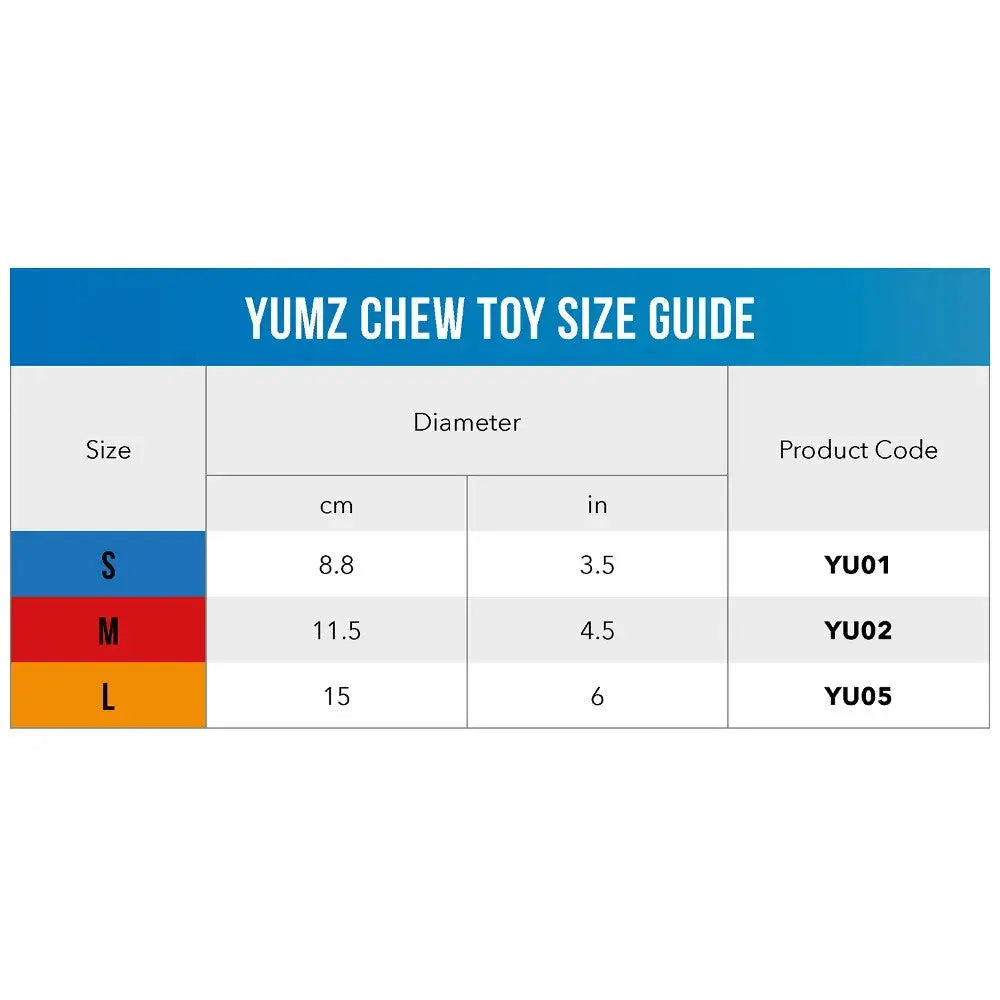 YUMZ chew toy size guide with dimensions and product codes for small, medium, and large options.