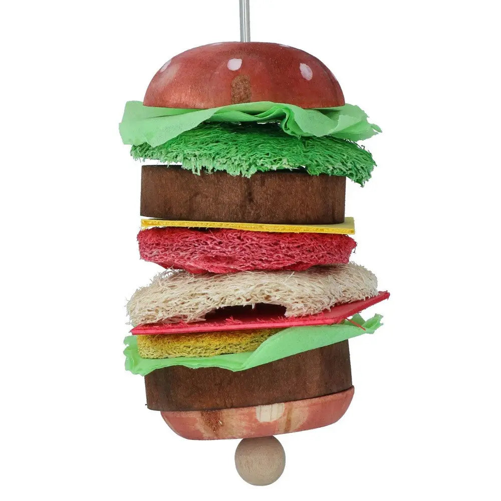 Colorful bird toy shaped like a hamburger, made from natural materials for playful chewing.