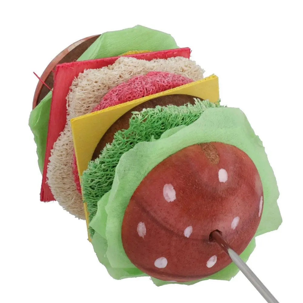 Colorful toy hamburger with layers of fabric, perfect for pet playtime and interactive fun.
